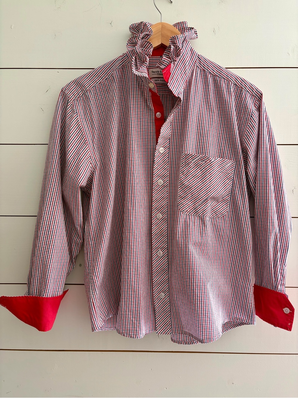 Viral Reworked Upcycled Red, White, Blue Plaid Shirt Ruffle Collar, Medium